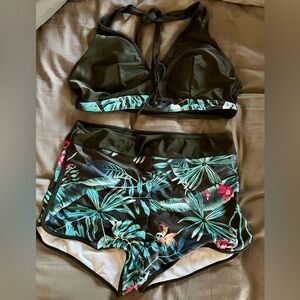 SHEIN Black and Green Tropical Bikini Set
